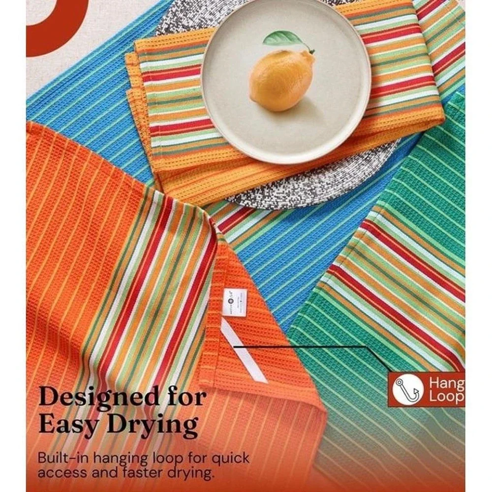 Set of 12 KITCHEN TOWELS -  Salsa Stripe Pure Cotton Absorbent Waffle Weave Dish